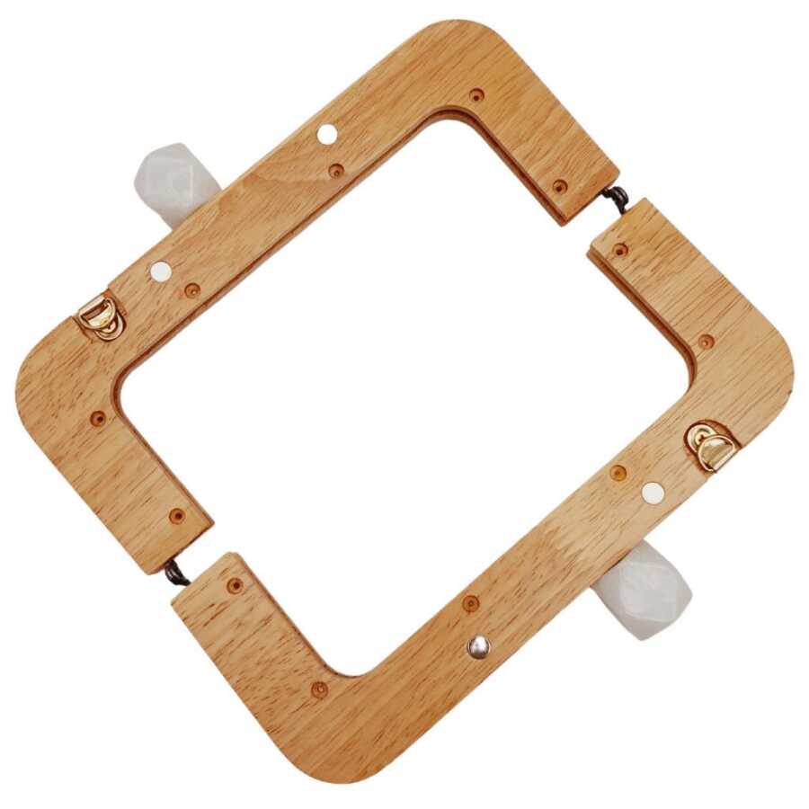 20 cm Açık Ahşap Ebruli Beyaz Topuzlu Çanta Bursu